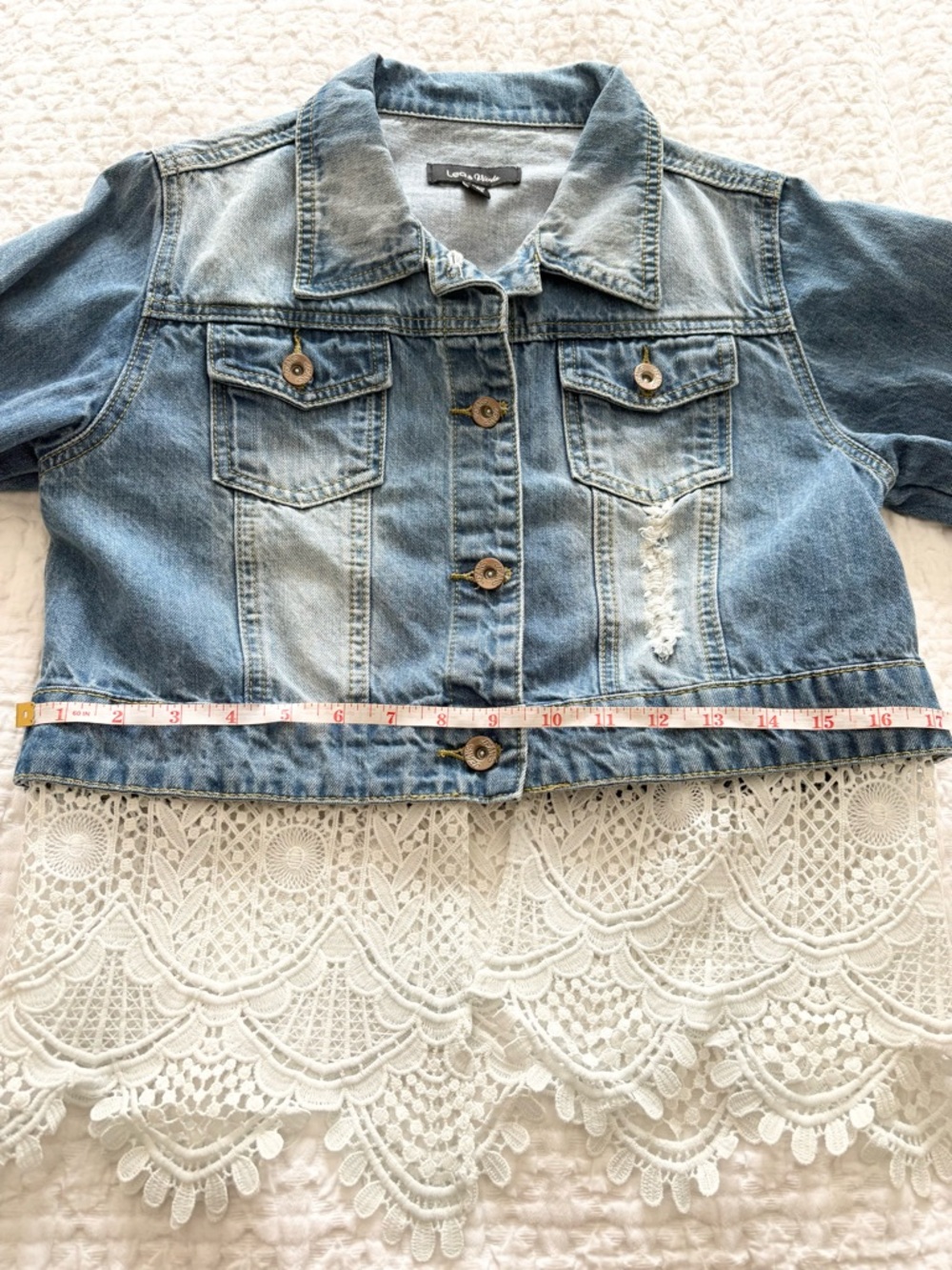 Leo & Viola Denim Jacket Distressed with Lace Crochet Details Bell Sleeve - Picture 7 of 8